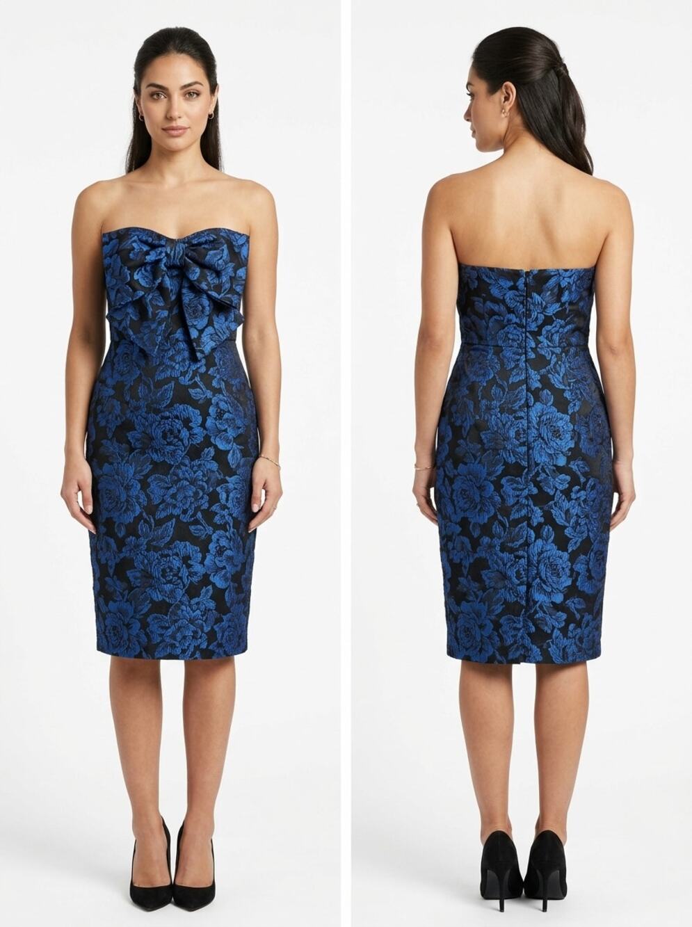 Sugarlips Blue Black Floral Jacquard Strapless Bow Dress Women Size S